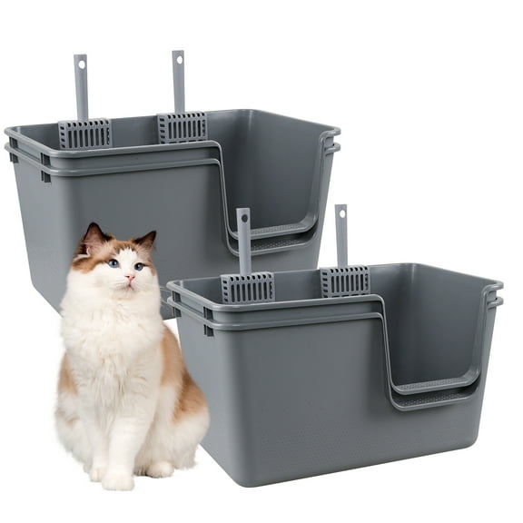 CadineUS Set of 4 Plastic High Side Cat Litter Basin, Large Cat Litter Basin with Scoops, Anti-splashing, Gray