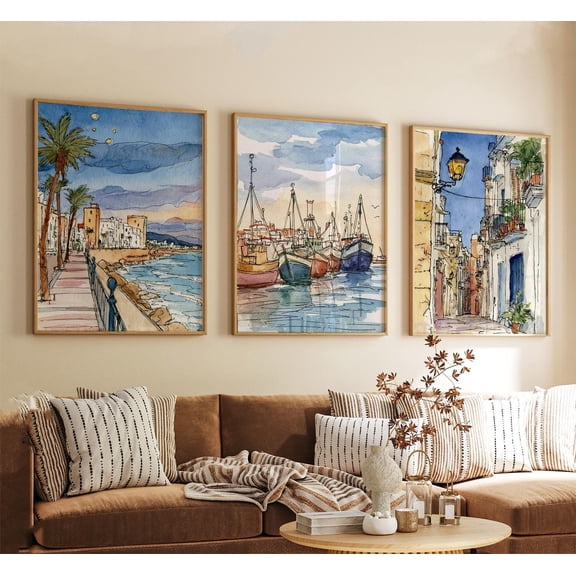 Cadiz Spain Travel Poster Set Blue Watercolor Coastal Art Set 3