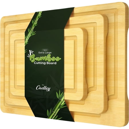 Cadley Bamboo Cutting Board Set of 3, Chopping Board with Juice Grooves, Organic Wood Cutting Board for Meat, Cheese, Fruits & Vegetables