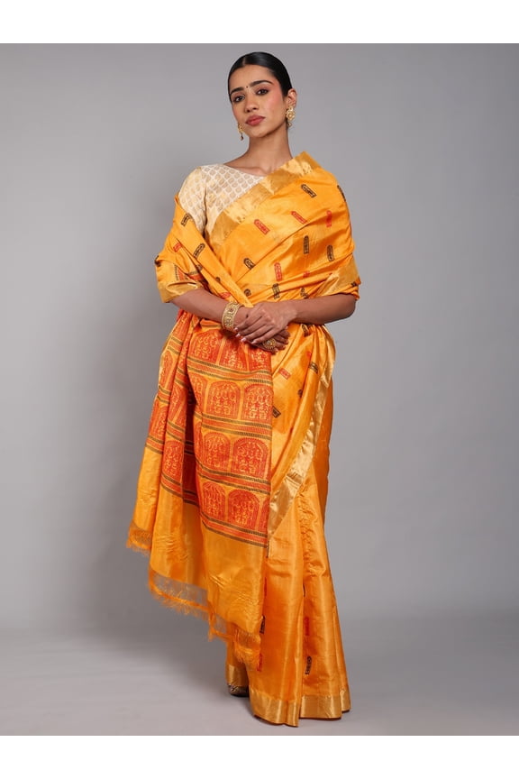 Cadmium-Yellow Woven Animal Motifs Pure Silk Saree with Zari Border from Chhattisgarh