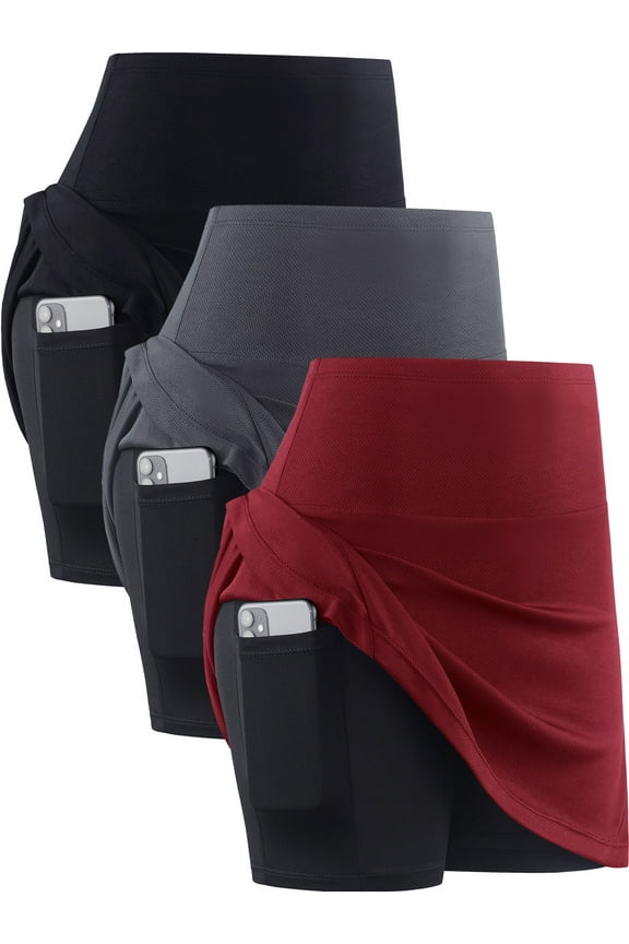 2 in 1 Athletic Tennis Golf Skorts for Women, High Waisted Shorts with Liner Pockets for Casual Running,3 Pack,Black,Gray,Red,3XL