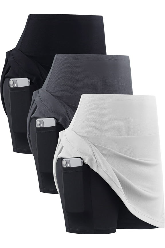 2 in 1 Athletic Tennis Golf Skorts for Women, High Waisted Shorts with Liner Pockets for Casual Running,3 Pack,Black,Gray,White,M
