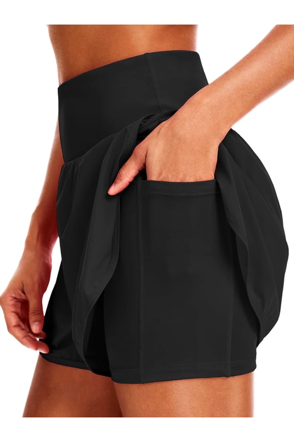 2 in 1 Women's Plus Size 5'' Workout Shorts Athletic Gym Running Shorts for Women Phone Pockets,1 Pack,Black,2XL