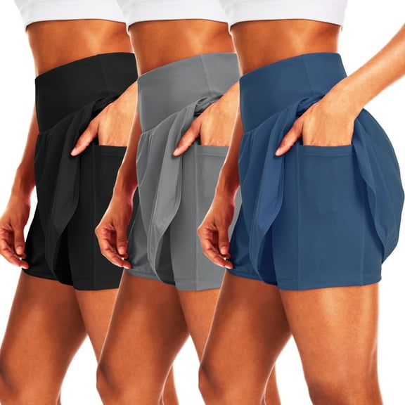 Cadmus 2 in 1 Women's 5'' Workout Shorts Athletic Gym Running Shorts for Women Phone Pockets,3 Pack,Black,Grey,Navy,2XL