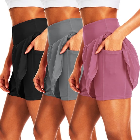 Cadmus 2 in 1 Women's 5'' Workout Shorts Athletic Gym Running Shorts for Women Phone Pockets,3 Pack,Black,Grey,Purple,S