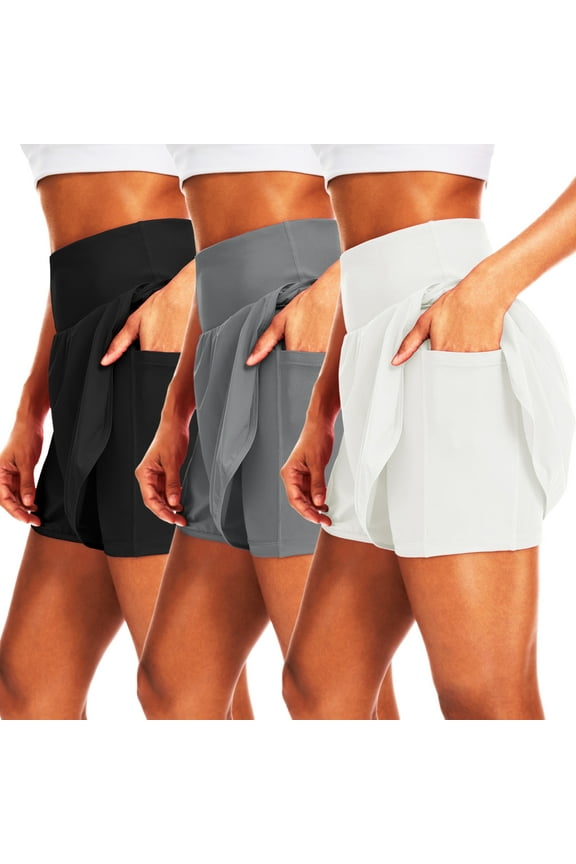 2 in 1 Women's 5'' Workout Shorts Athletic Gym Running Shorts for Women Phone Pockets,3 Pack,Black,Grey,White,2XL
