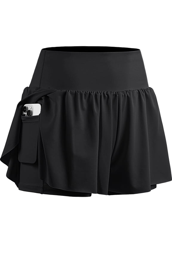 2 in 1 Women's Spandex Athletic Shorts Gym Yoga Shorts Pockets ,1 Pack,Black,L