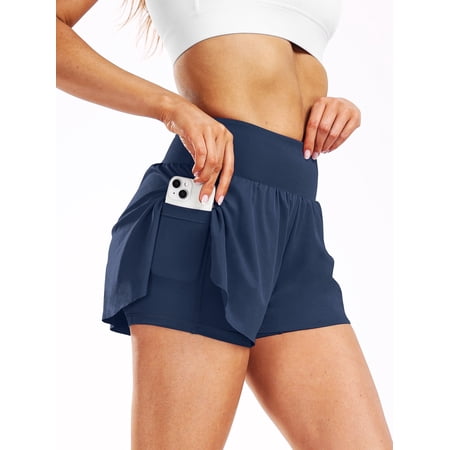 Cadmus 2 in 1 Women's Spandex Athletic Shorts Gym Yoga Shorts Pockets ,1 Pack,Navy,2XL