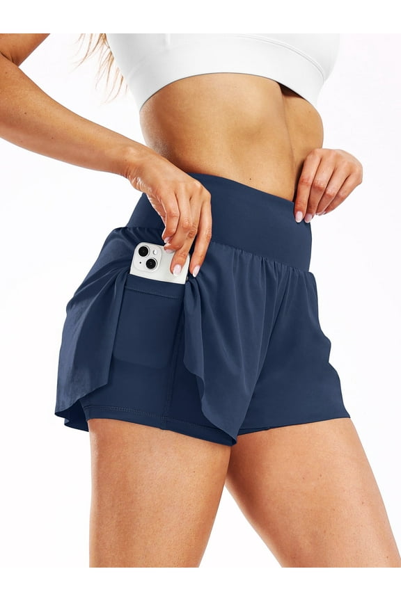2 in 1 Women's Spandex Athletic Shorts Gym Yoga Shorts Pockets ,1 Pack,Navy,S