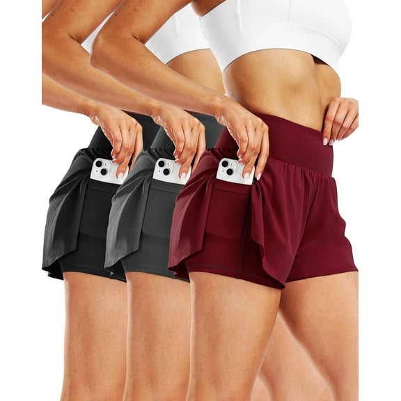 Cadmus 2 in 1 Women's Spandex Athletic Shorts Gym Yoga Shorts Pockets ,3 Pack,Black & Dark Grey & Red,XL