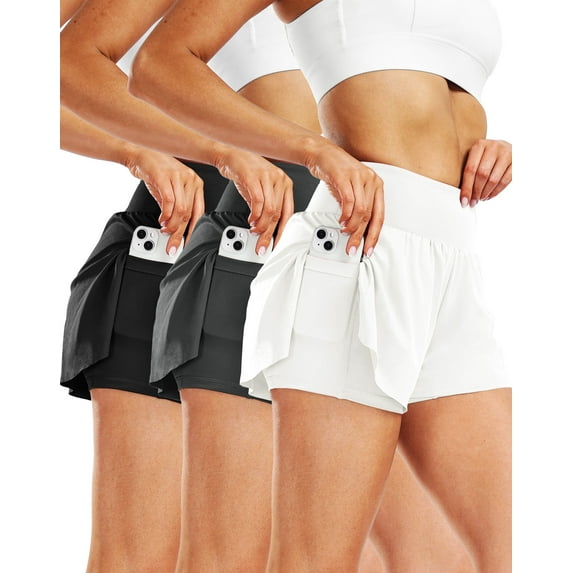 Cadmus 2 in 1 Women's Spandex Athletic Shorts Gym Yoga Shorts Pockets ,3 Pack,Black & Dark Grey & White,S