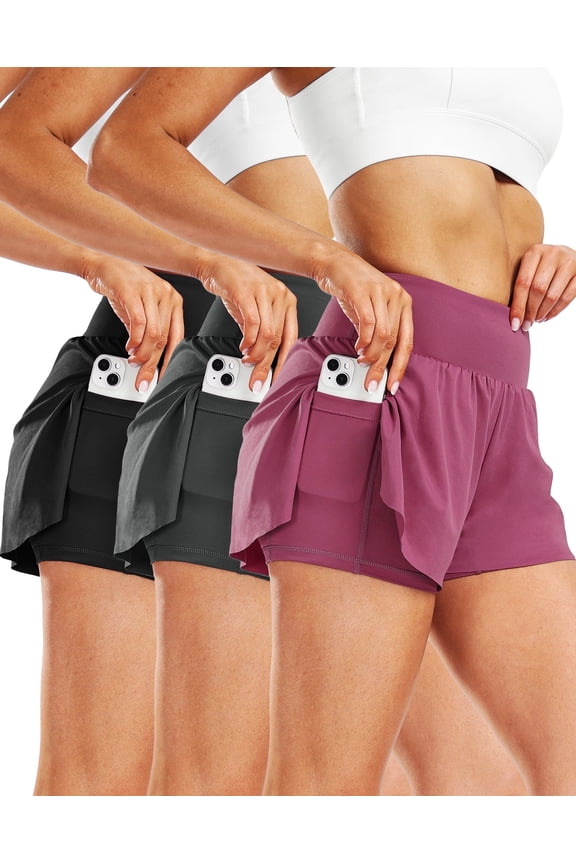 2 in 1 Women's Spandex Athletic Shorts Gym Yoga Shorts Pockets ,3 Pack, Black& Gray & Pink,L