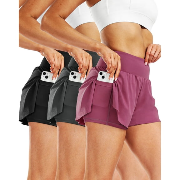 Cadmus 2 in 1 Women's Spandex Athletic Shorts Gym Yoga Shorts Pockets ,3 Pack, Black& Gray & Pink,XL