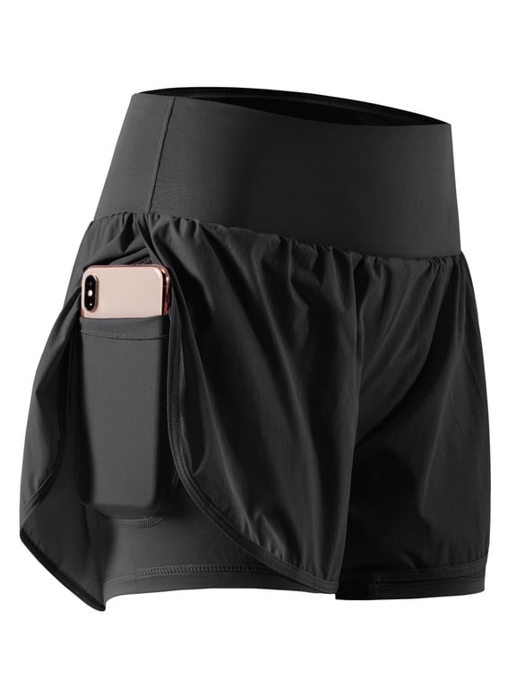Plus Size 2 in 1 Women's Workout Shorts for Athletic Gym Running Shorts with Phone Pockets,1 Pack, Black,2XL