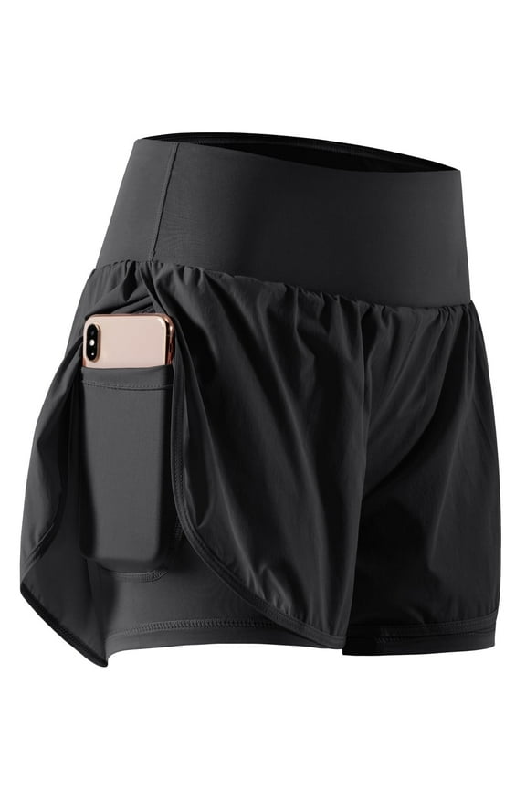 2 in 1 Women's Workout Shorts for Athletic Gym Running Shorts with Phone Pockets,1 Pack, Black,L