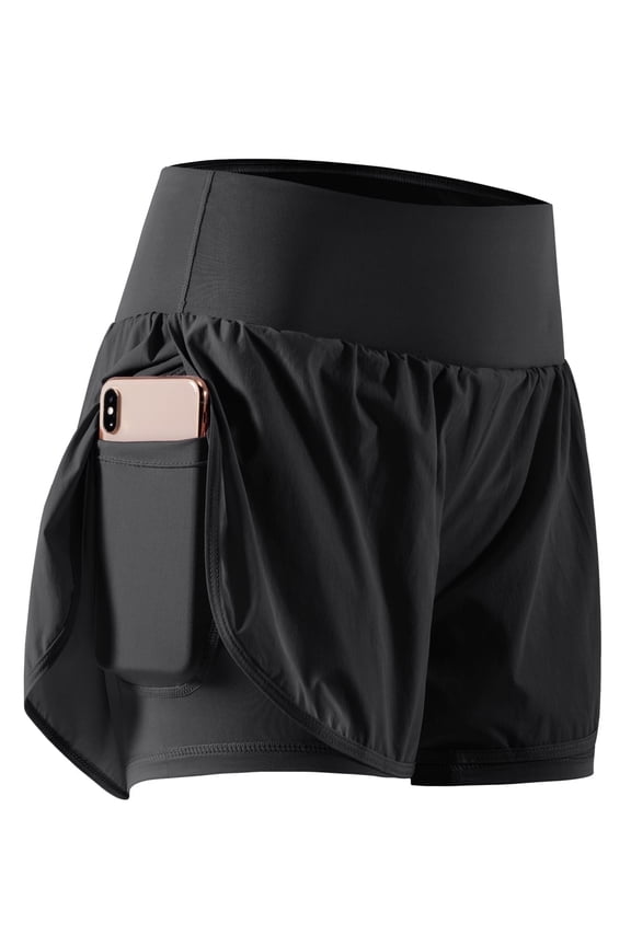 2 in 1 Women's Workout Shorts for Athletic Gym Running Shorts with Phone Pockets,1 Pack, Black,M