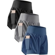 Cadmus 2 in 1 Women's Workout Shorts for Athletic Gym Running Shorts with Phone Pockets ,3 Pack,Black,Grey,Navy,M