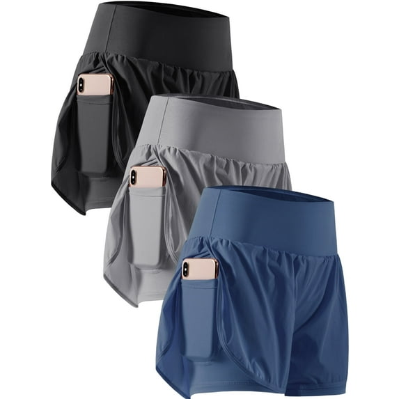 Cadmus 2 in 1 Women's Workout Shorts for Athletic Gym Running Shorts with Phone Pockets,3 Pack, Black,Grey,Navy,XL