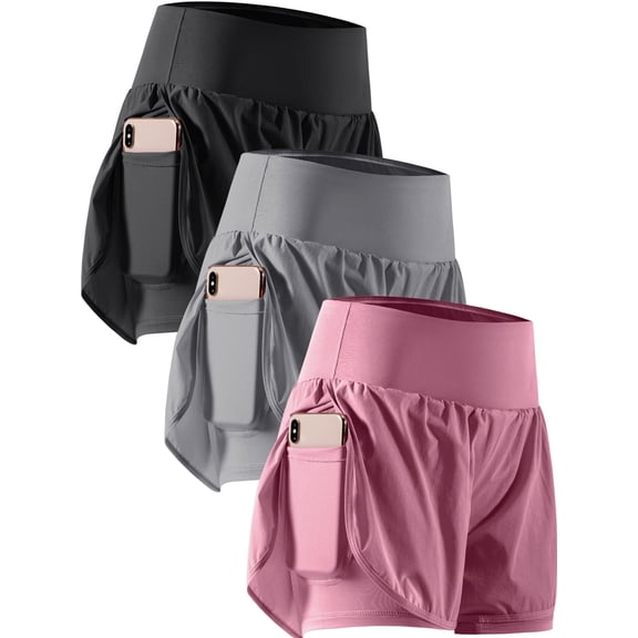 Cadmus 2 in 1 Women's Workout Shorts for Athletic Gym Running Shorts with Phone Pockets,3 Pack, Black,Grey,Purple,2XL