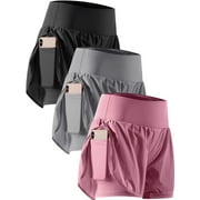 Cadmus 2 in 1 Women's Workout Shorts for Athletic Gym Running Shorts with Phone Pockets ,3 Pack,Black,Grey,Purple,L