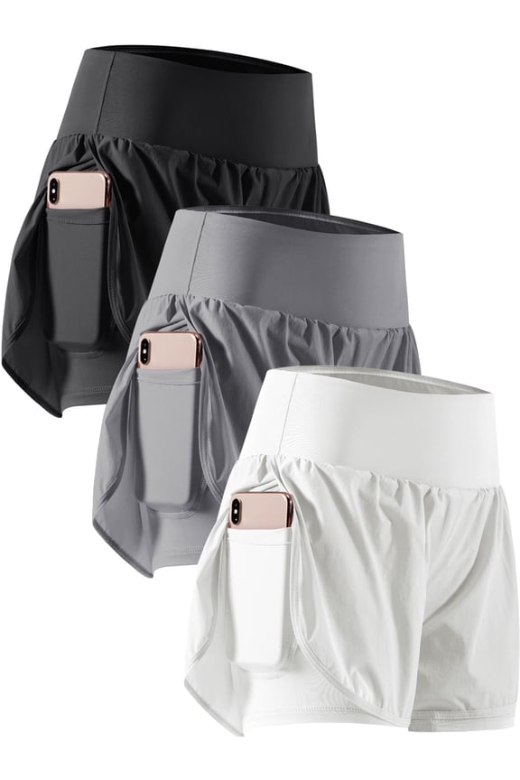 Plus Size 2 in 1 Women's Workout Shorts for Athletic Gym Running Shorts with Phone Pockets,3 Pack, Black,Grey,White,2XL
