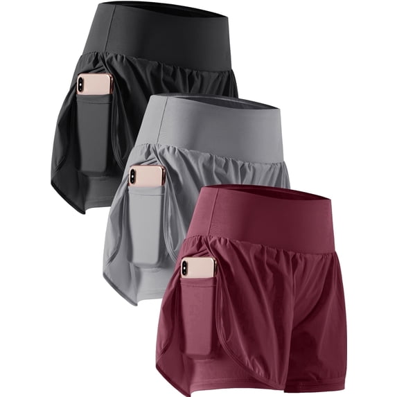 Cadmus 2 in 1 Women's Workout Shorts for Athletic Gym Running Shorts with Phone Pockets,3 Pack, Black,Grey,Wine Red,L