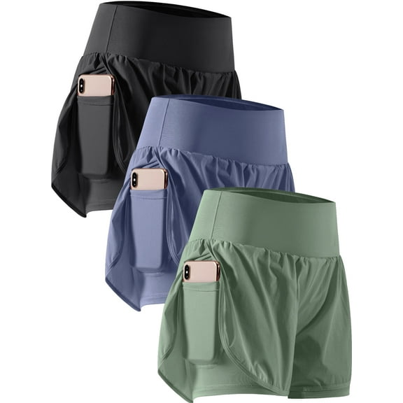 Cadmus 2 in 1 Women's Workout Shorts for Athletic Gym Running Shorts with Phone Pockets,3 Pack, Black,Haze Blue,Light Green,L