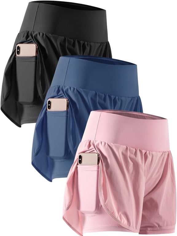 Plus Size 2 in 1 Women's Workout Shorts for Athletic Gym Running Shorts with Phone Pockets,3 Pack, Black,Navy,Pink,2XL