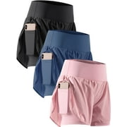 CADMUS 2 in 1 Women's Workout Shorts for Athletic Gym Running Shorts with Phone Pockets,3 Pack, Black,Navy,Pink,2XL
