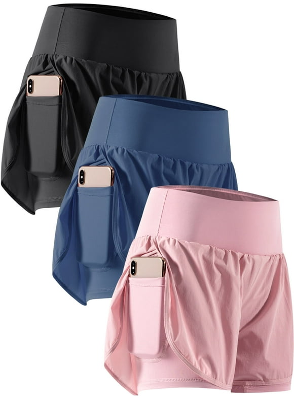 2 in 1 Women's Workout Shorts for Athletic Gym Running Shorts with Phone Pockets,3 Pack, Black,Navy,Pink,2XL