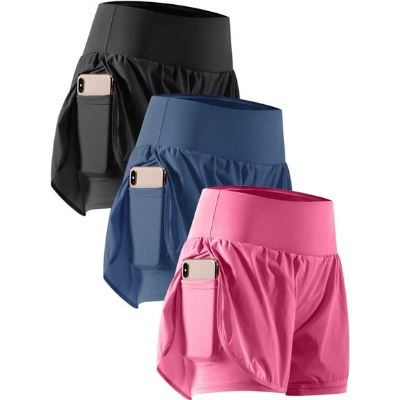 Cadmus 2 in 1 Women's Workout Shorts for Athletic Gym Running Shorts with Phone Pockets,3 Pack, Black,Navy,Rose Red,2XL