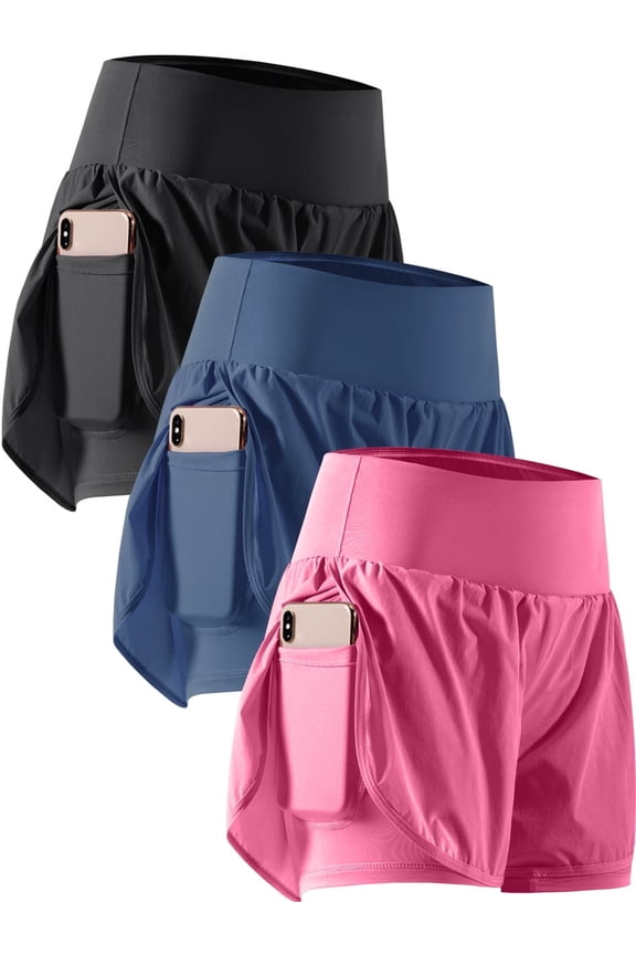 2 in 1 Women's Workout Shorts for Athletic Gym Running Shorts with Phone Pockets,3 Pack, Black,Navy,Rose Red,M