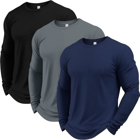 Cadmus 3 Pack Long Sleeve Shirts for Men Quick Dry Casual Running Workout Crewneck Tops,8617,Black Grey Navy Blue,L