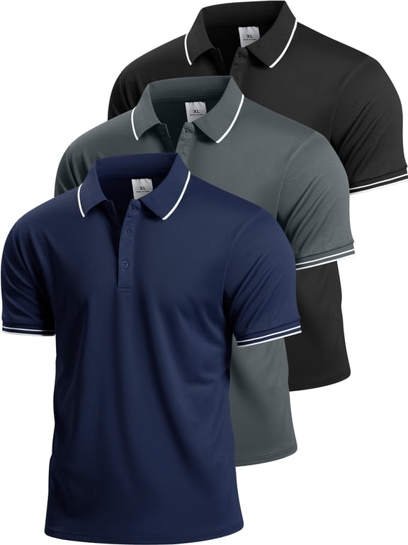 3 Pack Men's Quick Dry Golf Polo Shirts Lightweight Breathable Collared Casual Shirts,8878,Black+Grey+Navy Blue,XL