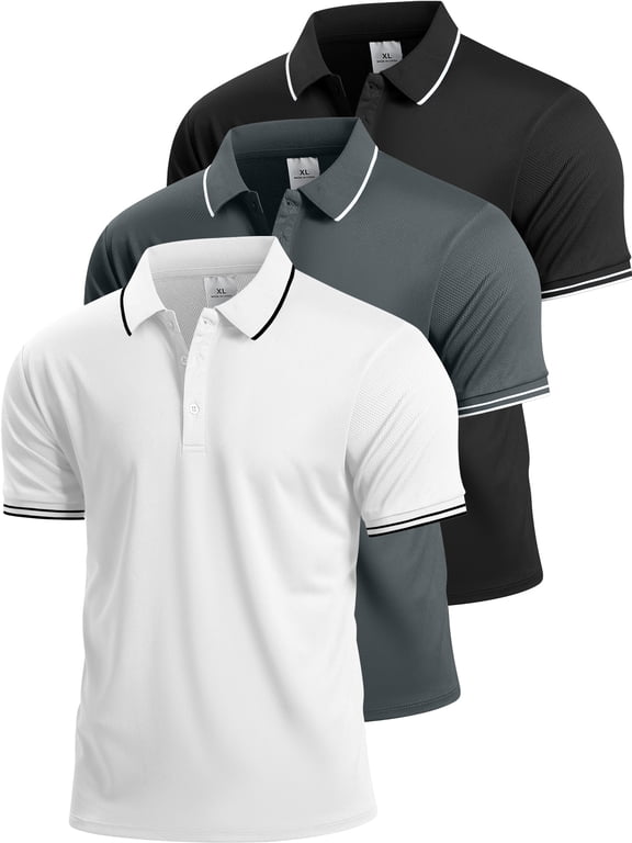 3 Pack Men's Quick Dry Golf Polo Shirts Lightweight Breathable Collared Casual Shirts,8878,Black+Grey+White,S