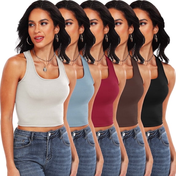 Cadmus 5 Pack Crop Tank Top for Women Ribbed Dry Fit Gym Shirts Racerback Yoga Tank Top Undershirts, Beige - Brown / Light Blue / Bright Red / Coffee Color / Black,#02,X-Large