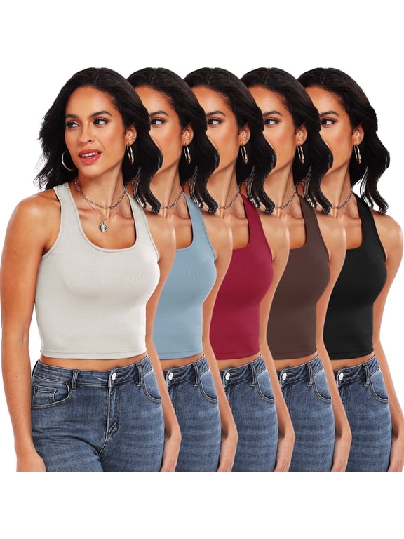 5 Pack Crop Tank Top for Women Ribbed Dry Fit Gym Shirts Racerback Yoga Tank Top Undershirts, Beige - Brown / Light Blue / Bright Red / Coffee Color / Black,#02,Medium