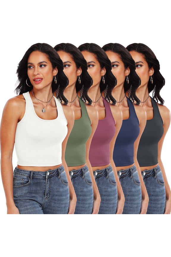 5 Pack Crop Tank Top for Women Ribbed Dry Fit Gym Shirts Racerback Yoga Tank Top Undershirts