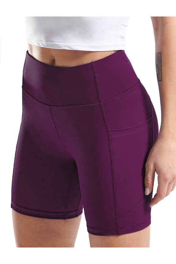 High Waist Yoga Shorts for Women Workout Running Shorts Naked Feeling Biker Shorts Tummy Control Deep Pockets, Purple, L