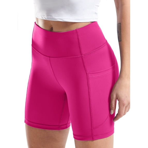 Cadmus High Waist Yoga Shorts for Women Workout Running Shorts Naked Feeling Biker Shorts Tummy Control Deep Pockets, Rose Red, L