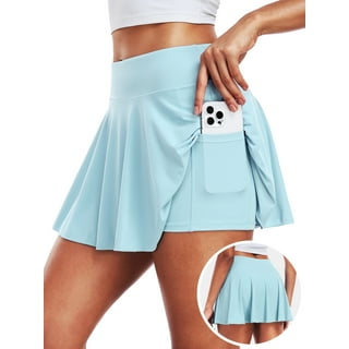Cadmus Women's 2-in-1 High Waisted Pleated Skort with Pockets- Flowy A-Line Tennis Golf Skirt with Built-in Shorts,Light Blue,L