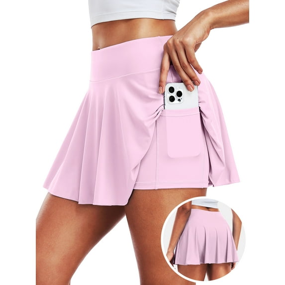 Cadmus Women's 2-in-1 High Waisted Pleated Skort with Pockets- Flowy A-Line Tennis Golf Skirt with Built-in Shorts,Rose Red,L