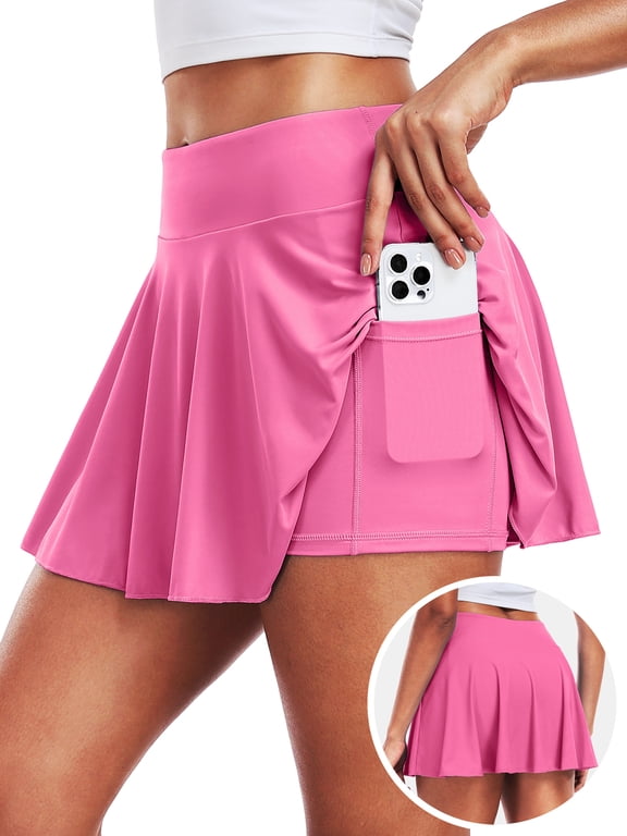 Women's 2-in-1 High Waisted Pleated Skort with Pockets- Flowy A-Line Tennis Golf Skirt with Built-in Shorts,Rose Red,M