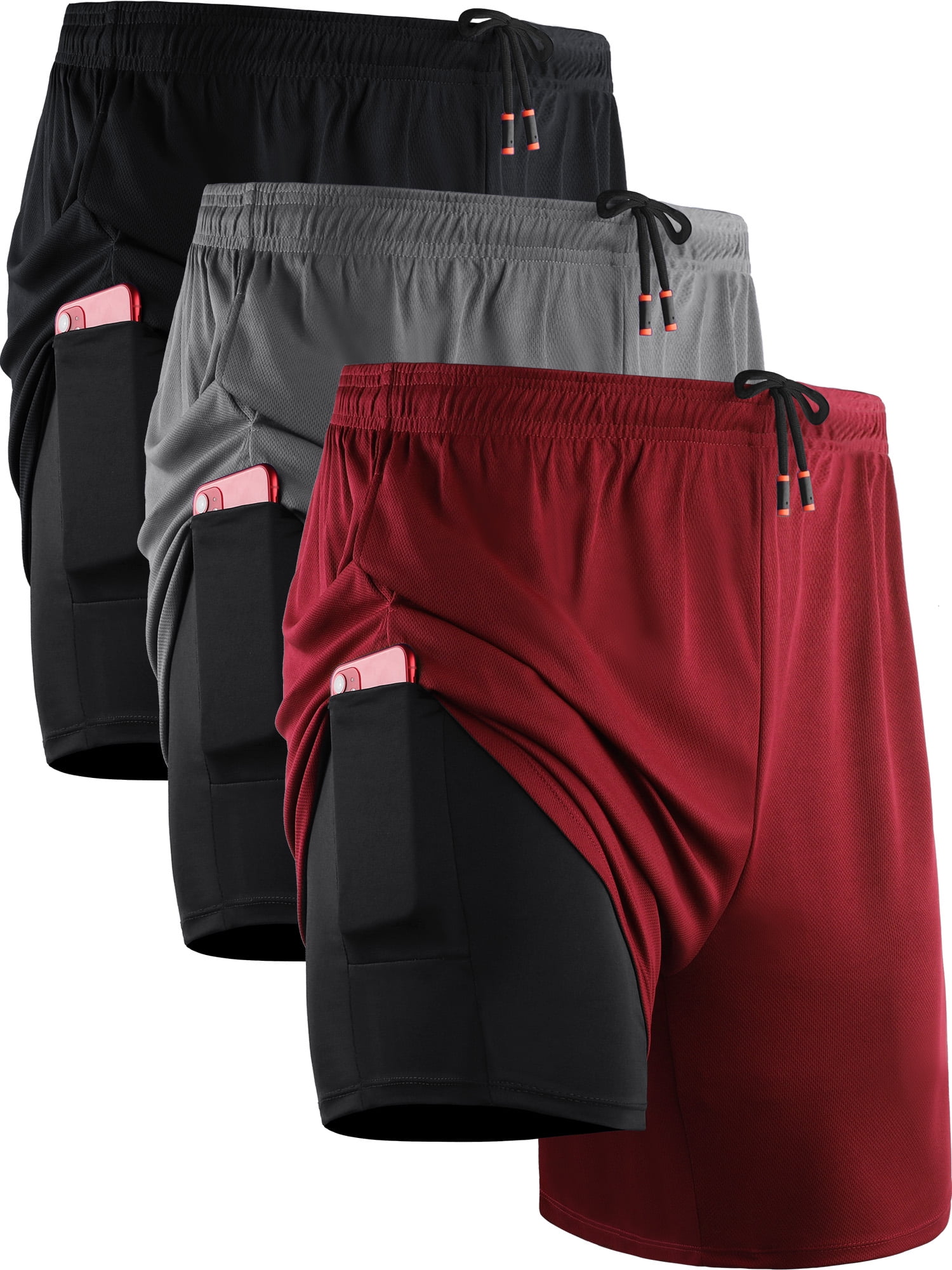 Cadmus Men's 2 in 1 Running Shorts with Liner,Dry Fit Workout Shorts with Pockets,1070,3 Pack,Black/Grey/Red,M