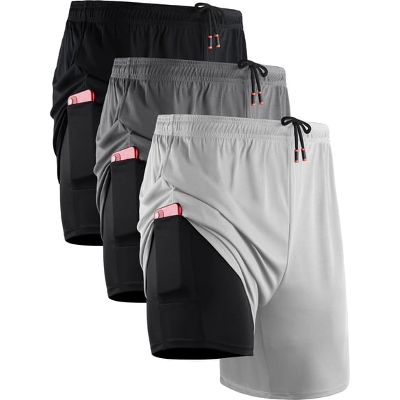Cadmus Men's 2 in 1 Running Shorts with Liner,Dry Fit Workout Shorts with Pockets,1070,3 Pack,Black/Grey/White,2XL