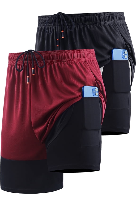 Men's 2 in 1 Running Workout Shorts,Dry Fit Athletic Shorts with Pockets and Liner,2Pack,Black&Red,2XL