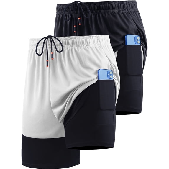 Cadmus Men's 2 in 1 Running Workout Shorts,Dry Fit Athletic Shorts with Pockets and Liner,2Pack,Black&White,XL