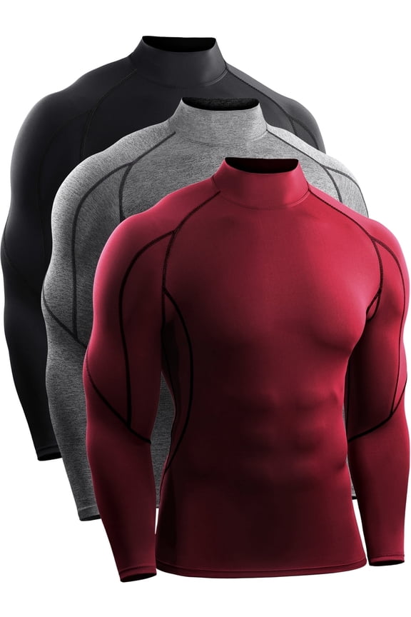 Men's 3 Pack Athletic Compression Shirt Workout Long Sleeve Shirt Running Shirts , Black + Grey+ Red