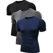 Cadmus Men's 3 Pack Compression Athletic Undershirts , Workout Gym Baselayer T-Shirts Tops ,0011#,Black / Grey / Blue,Medium