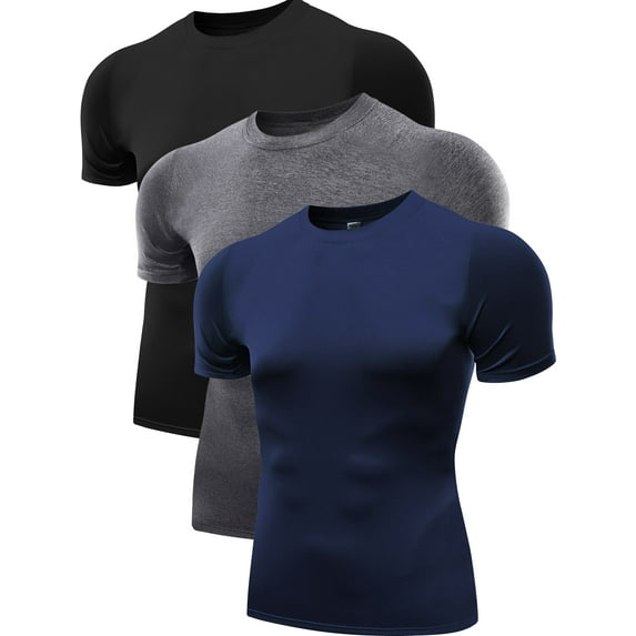 Cadmus Men's 3 Pack Compression Athletic Undershirts , Workout Gym Baselayer T-Shirts Tops ,0011#,Black / Grey / Navy,XX-Large